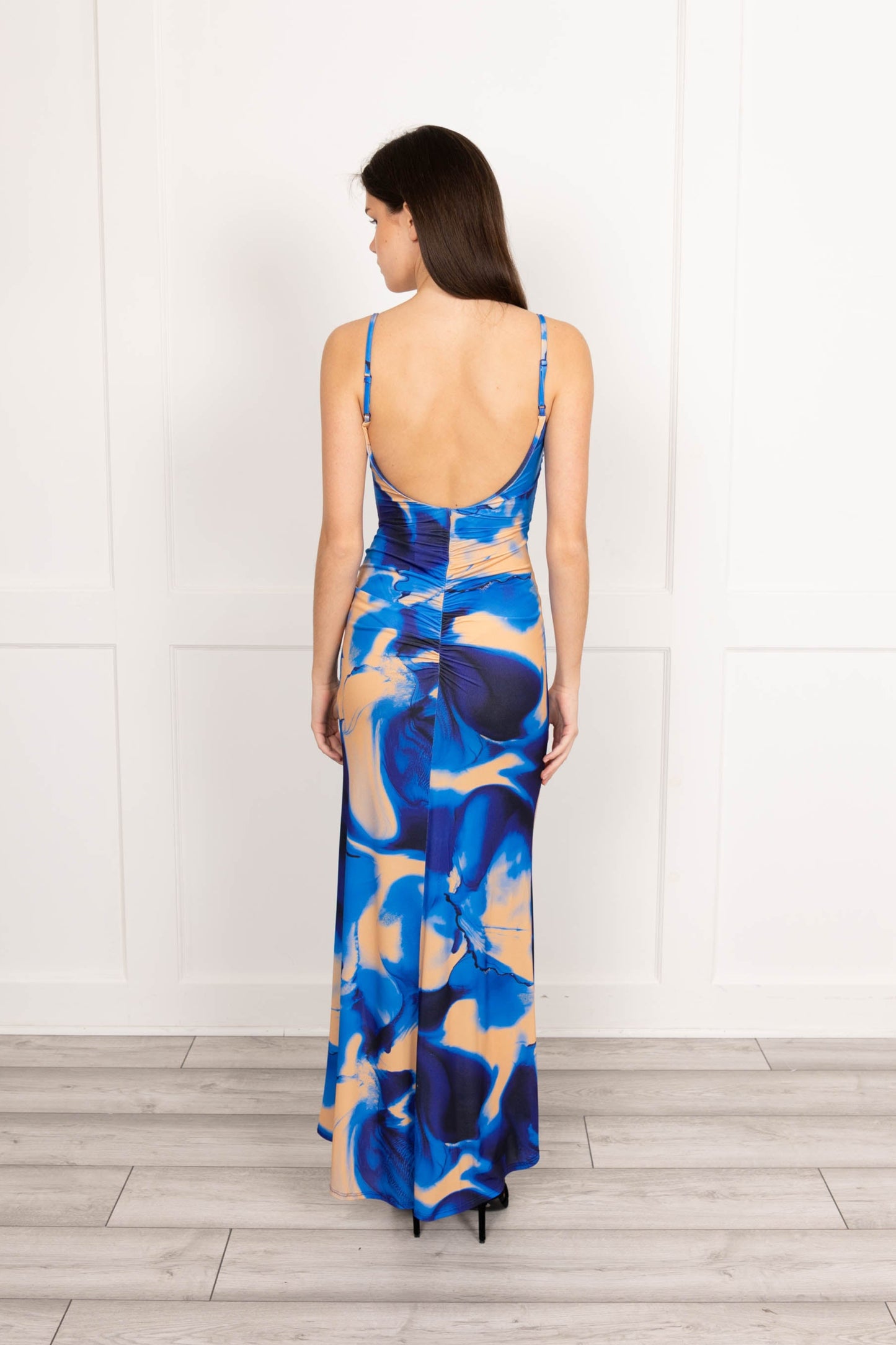 Flounce London Maxi Dress in Blue Blurred Print