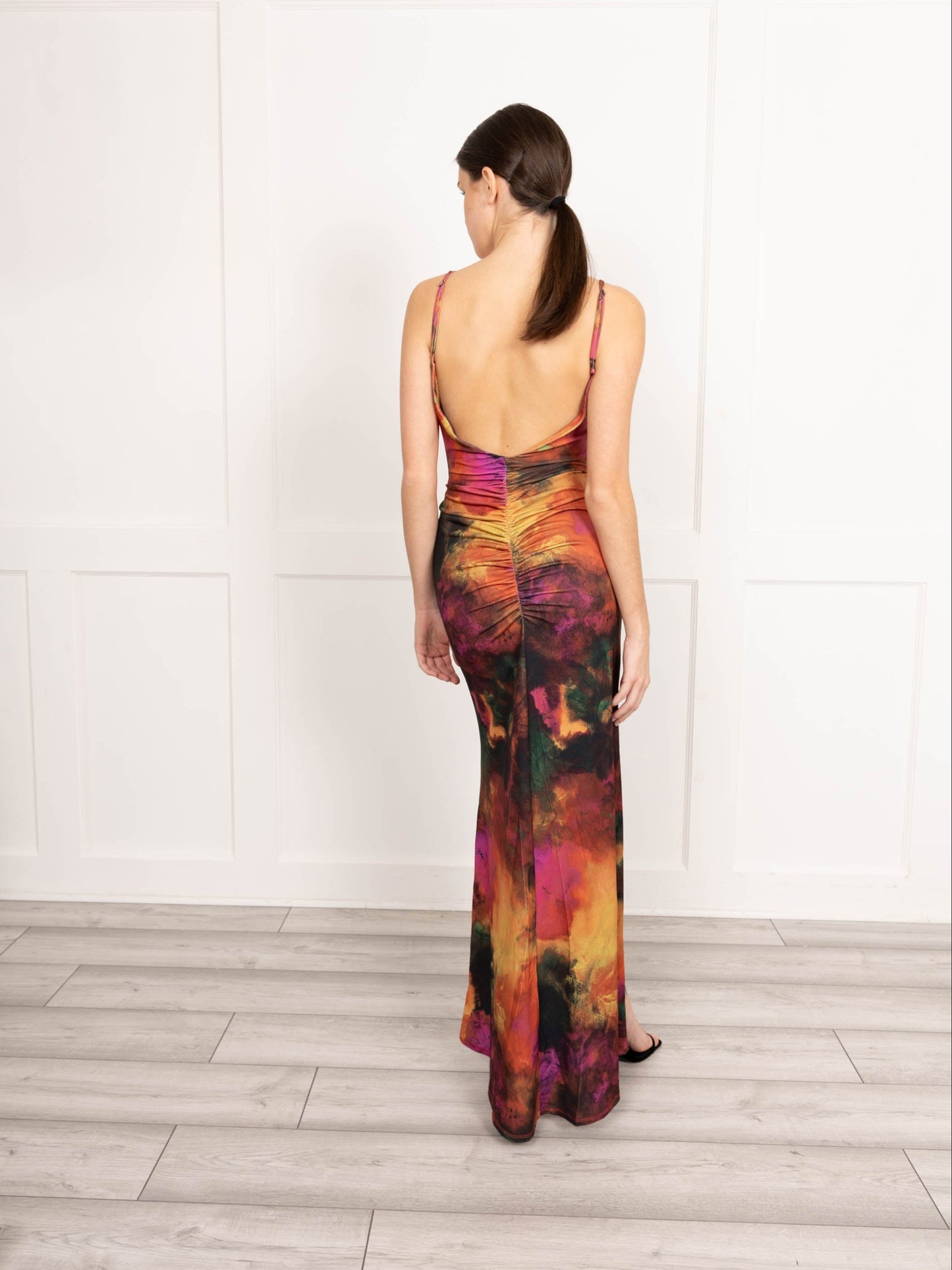 Flounce London Maxi Dress in Purple and Orange Blurred Print