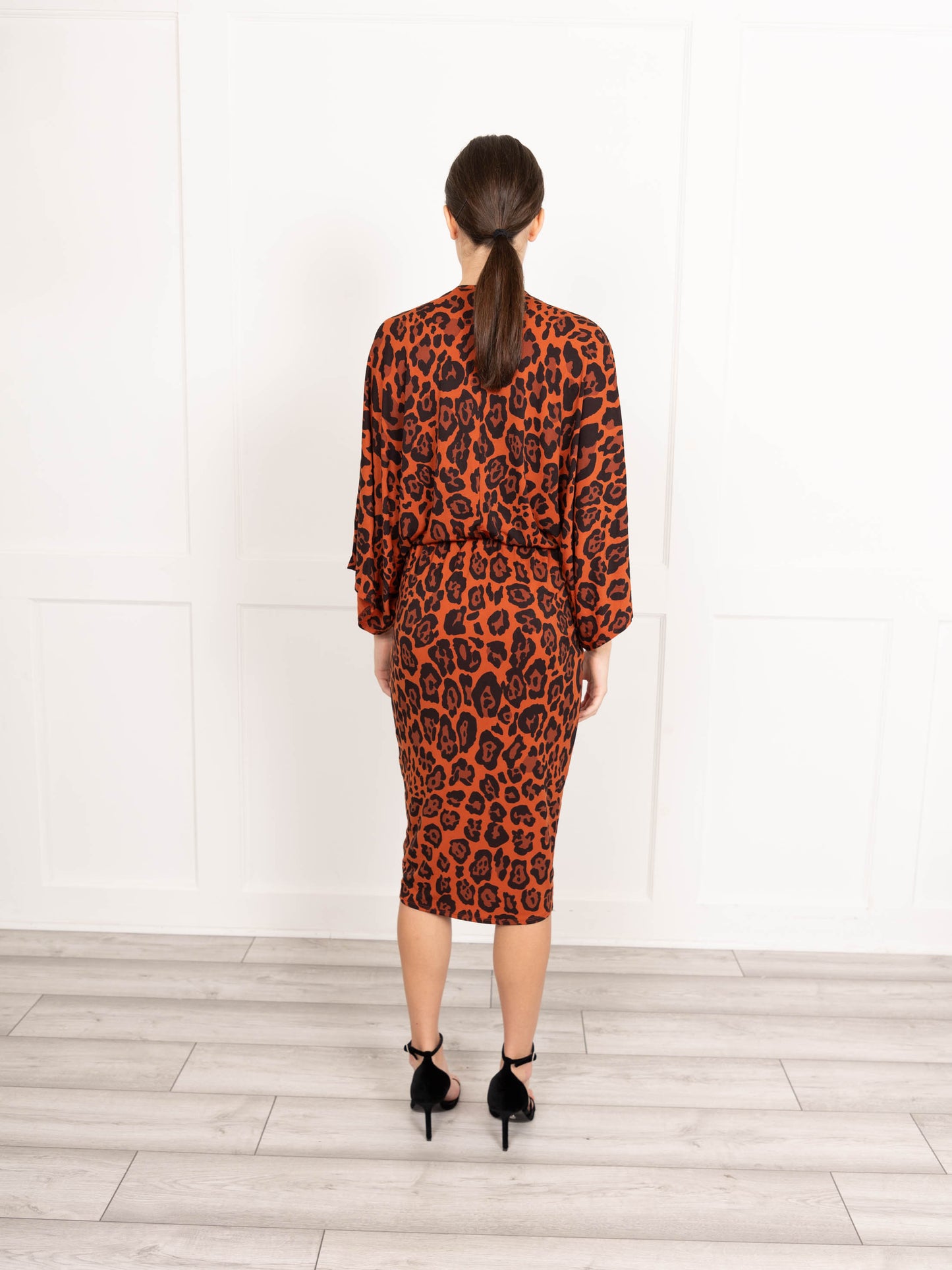 Brown slinky jersey leopard print midi