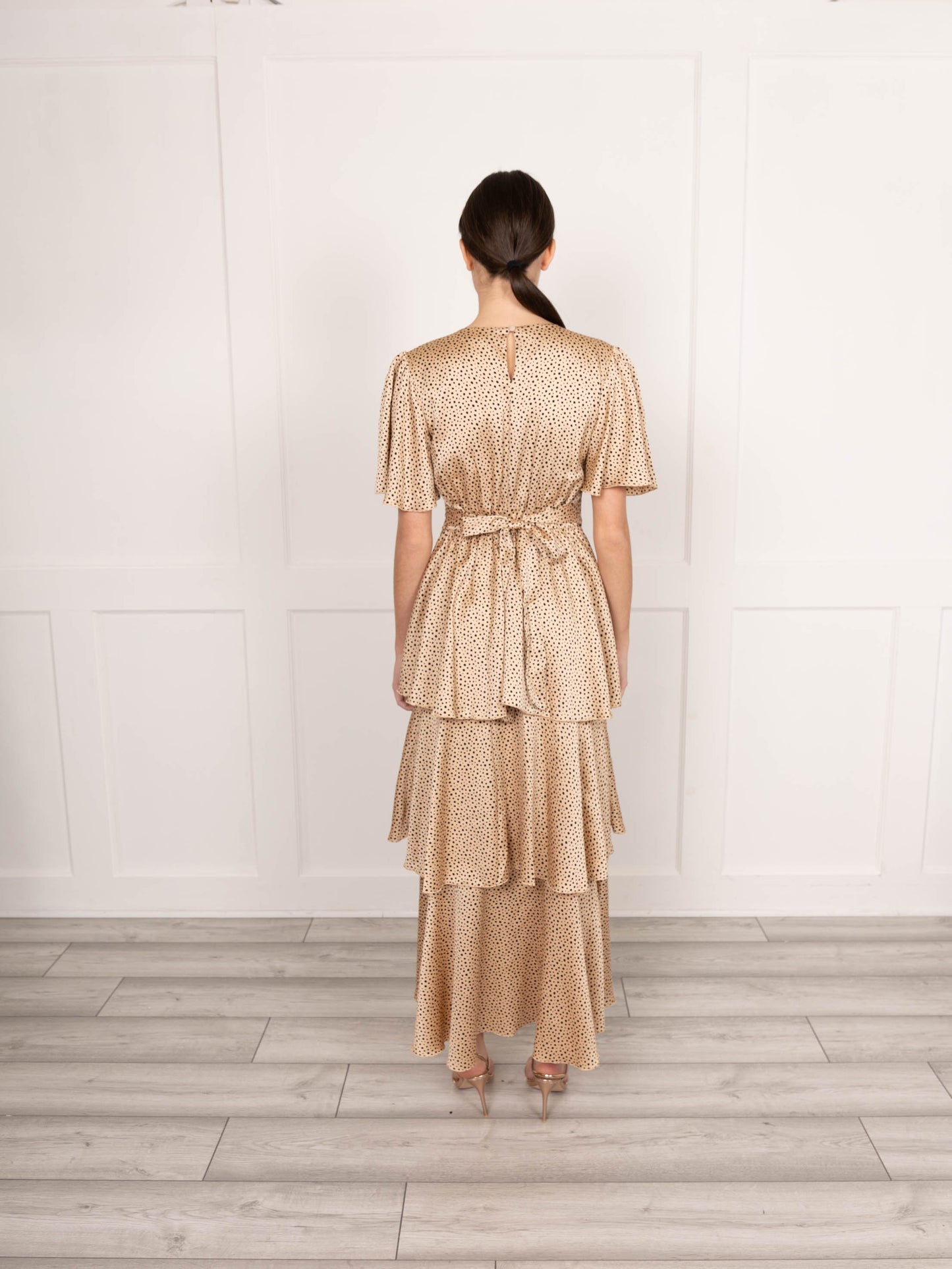 Camel Black Spot Satin Tiered Maxi Dress
