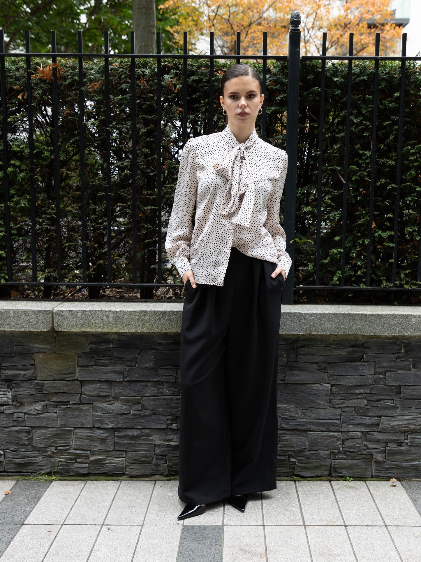 Flounce London Off White Black Spot Satin Tie Neck Blouse