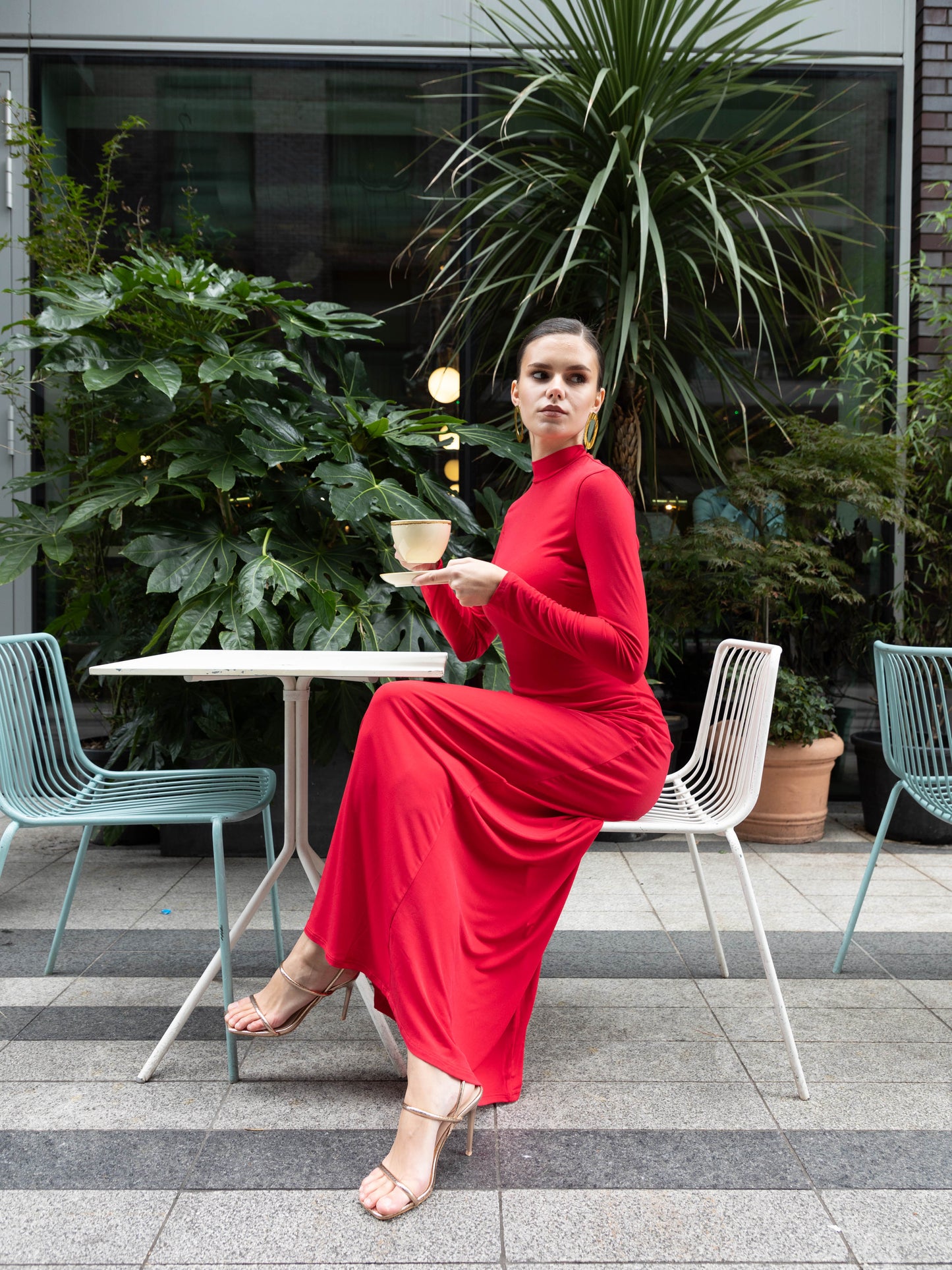High neck maxi dress with back detail in red