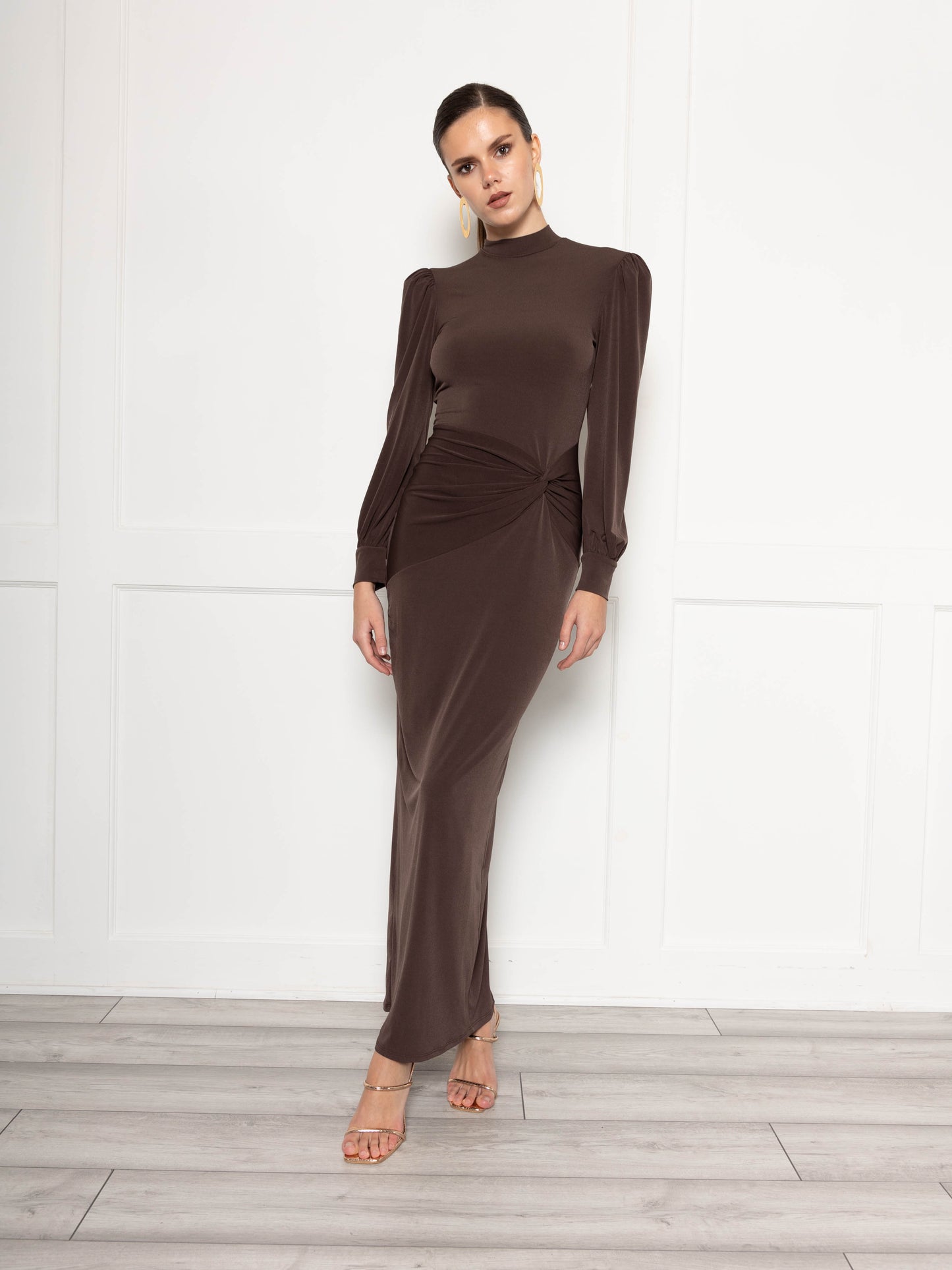 High Neck Maxi Dress With Ruched Detail In Chocolate