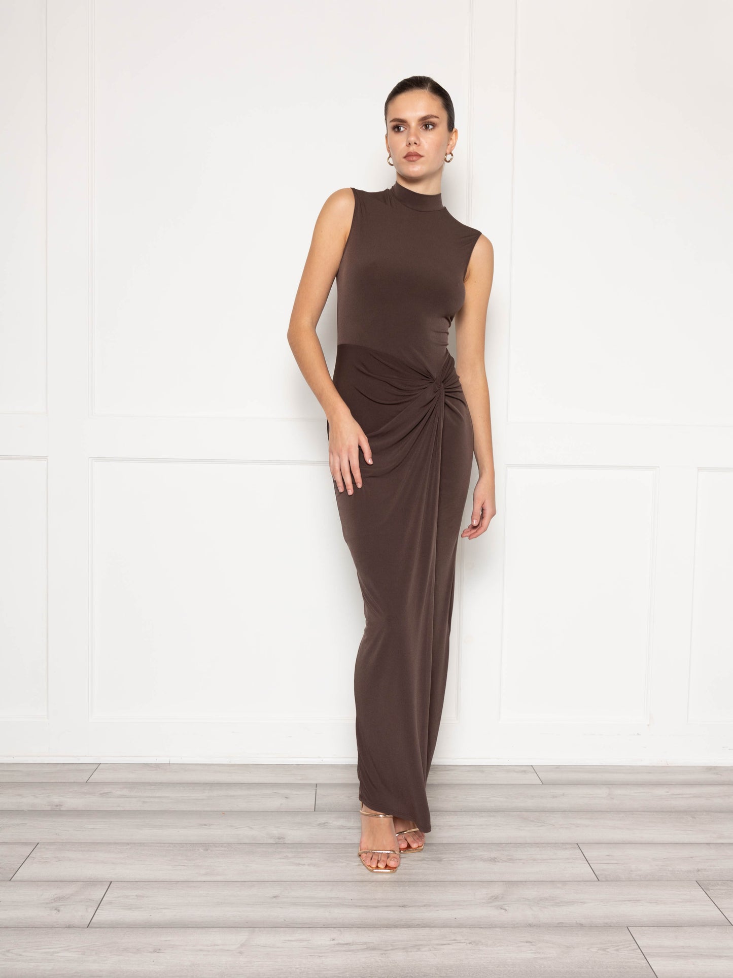 High neck sleeveless maxi dress with ruched detail in chocolate