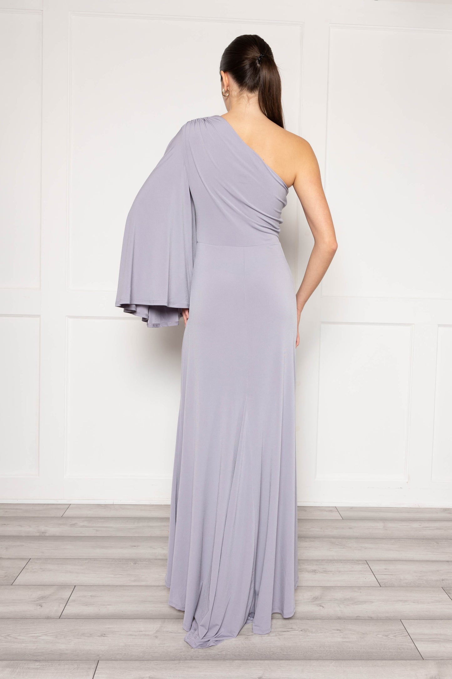One Shoulder Maxi Dress With Sleeve And Fishtail Skirt In Grey