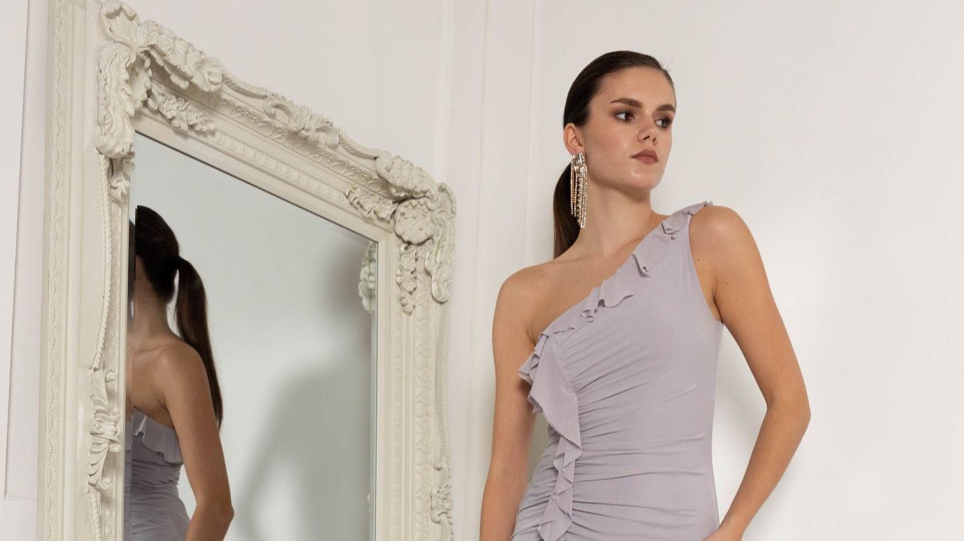 Ruched Mesh Maxi Dress With Frill Detail In Grey