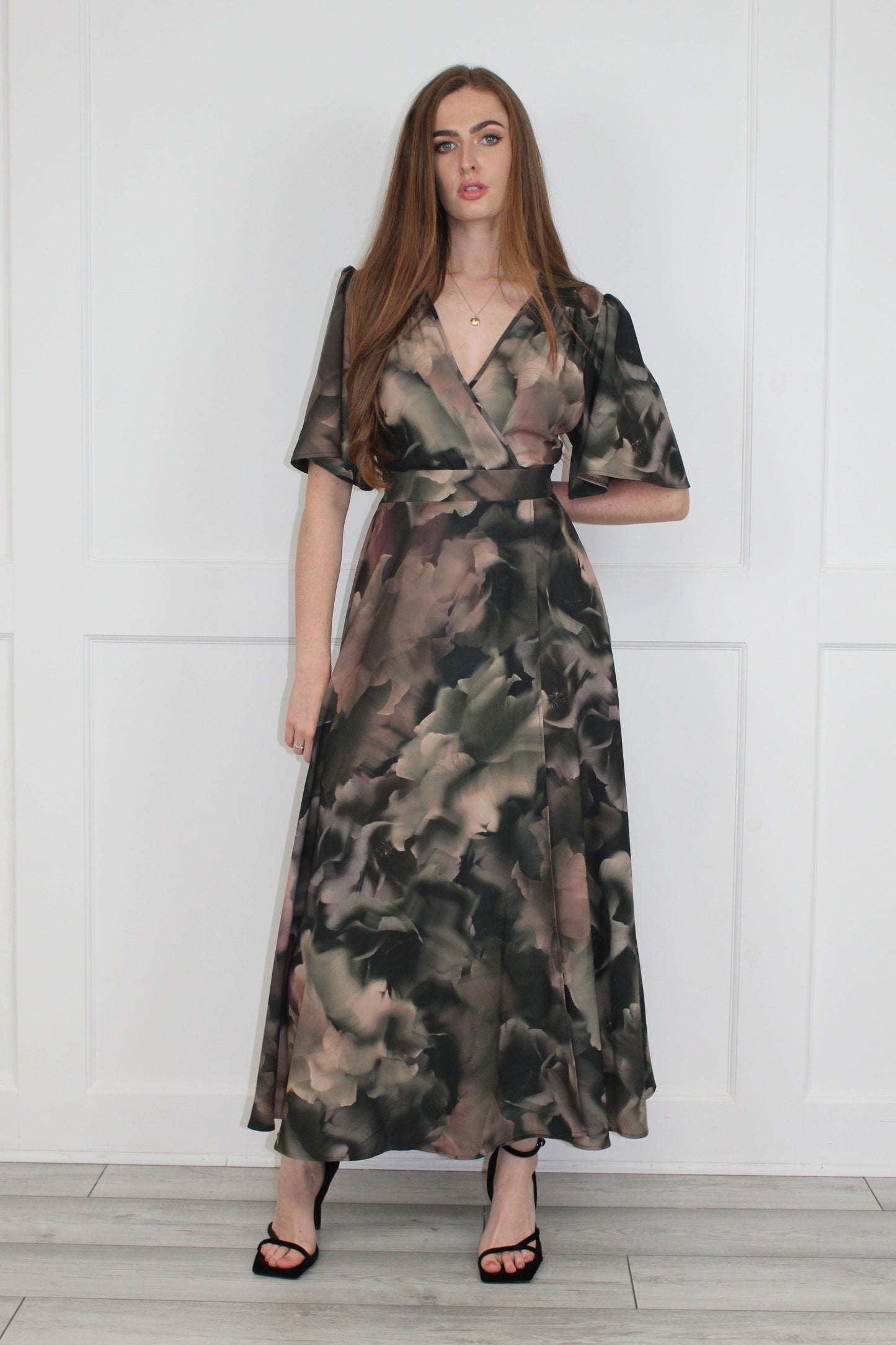 Flounce London Khaki Printed Woven Maxi Dress