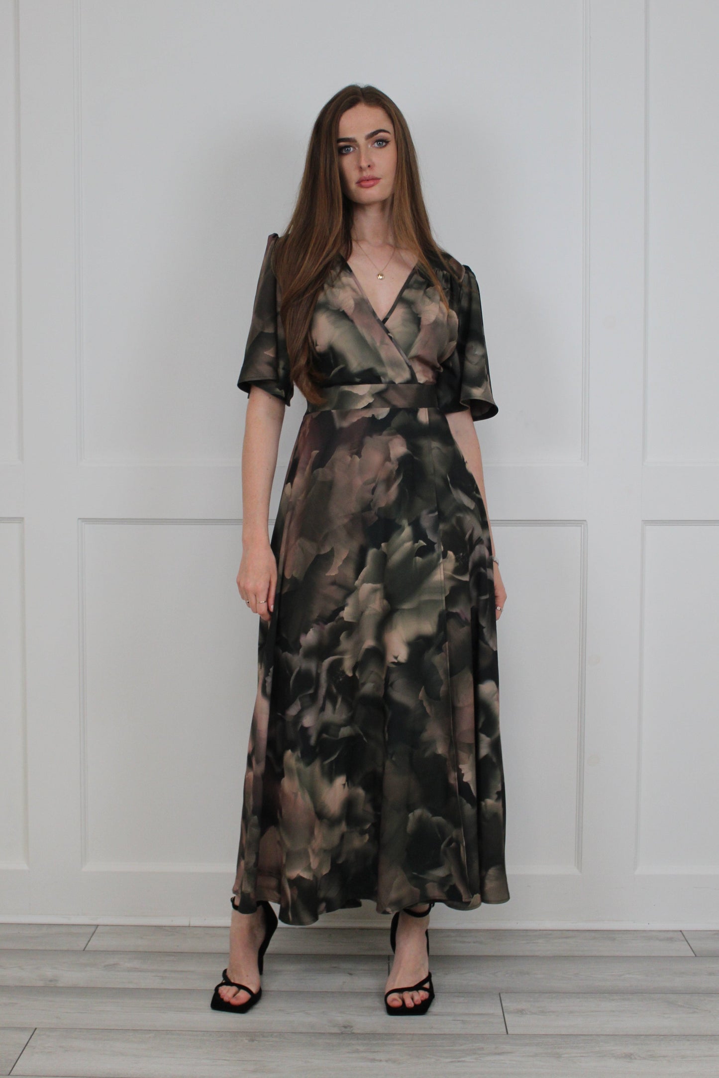 Flounce London Khaki Printed Woven Maxi Dress