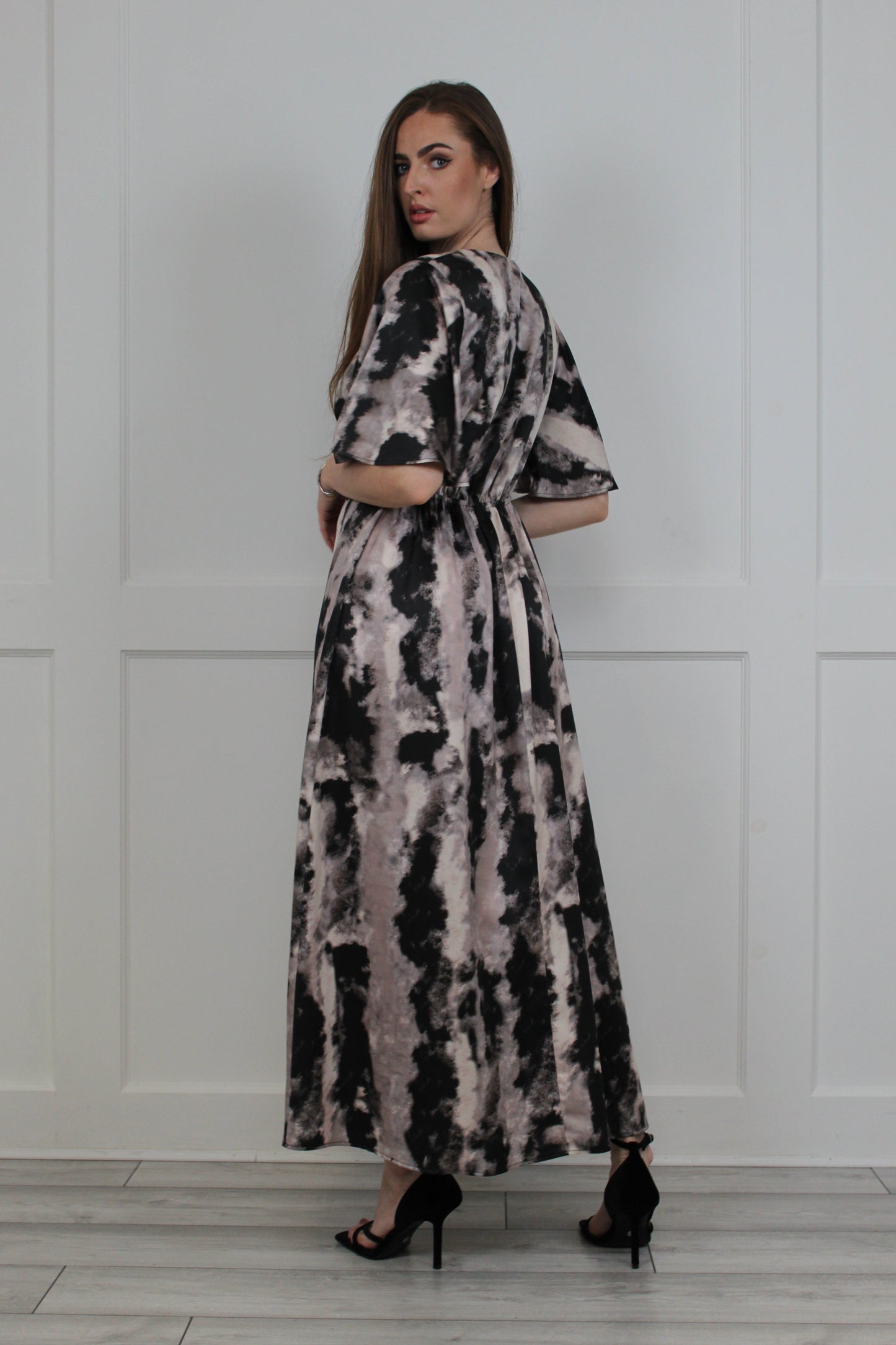 Flounce London Grey Smudge Print Woven Satin Maxi