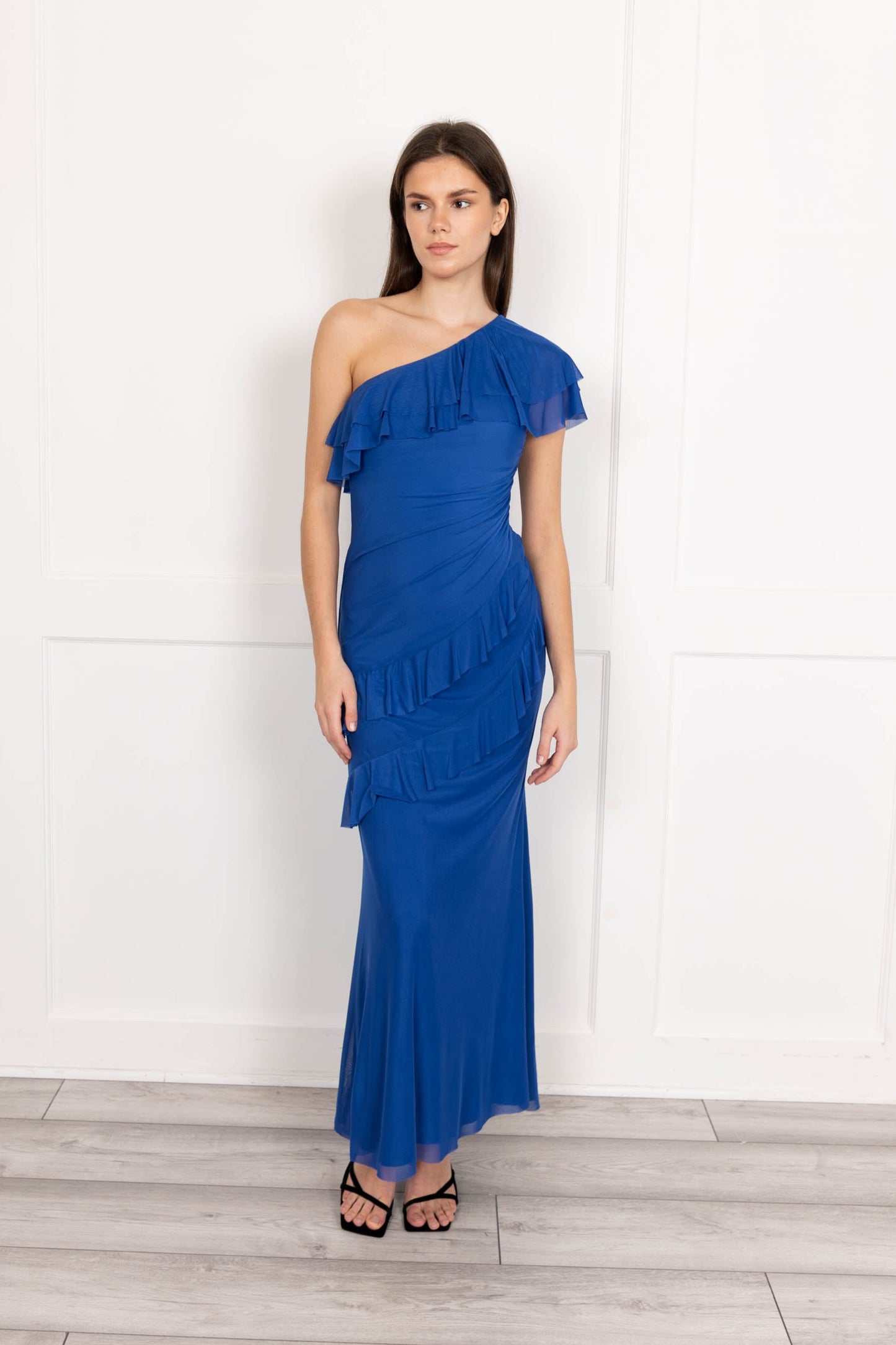 One shoulder mesh maxi dress in cobalt