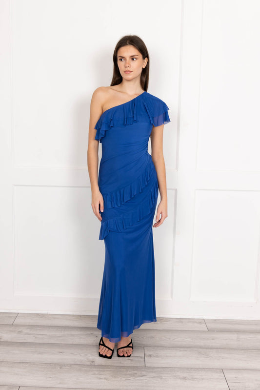 One shoulder mesh maxi dress in cobalt