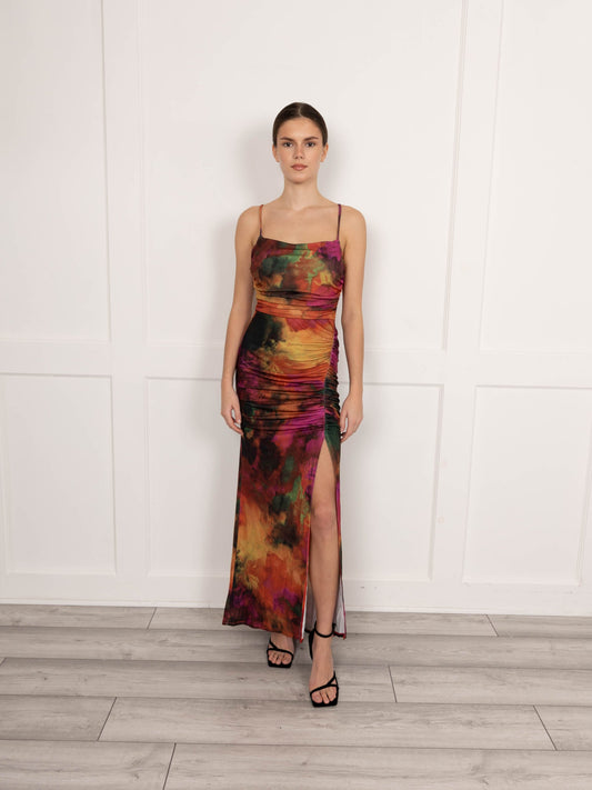 Flounce London Maxi Dress in Purple and Orange Blurred Print