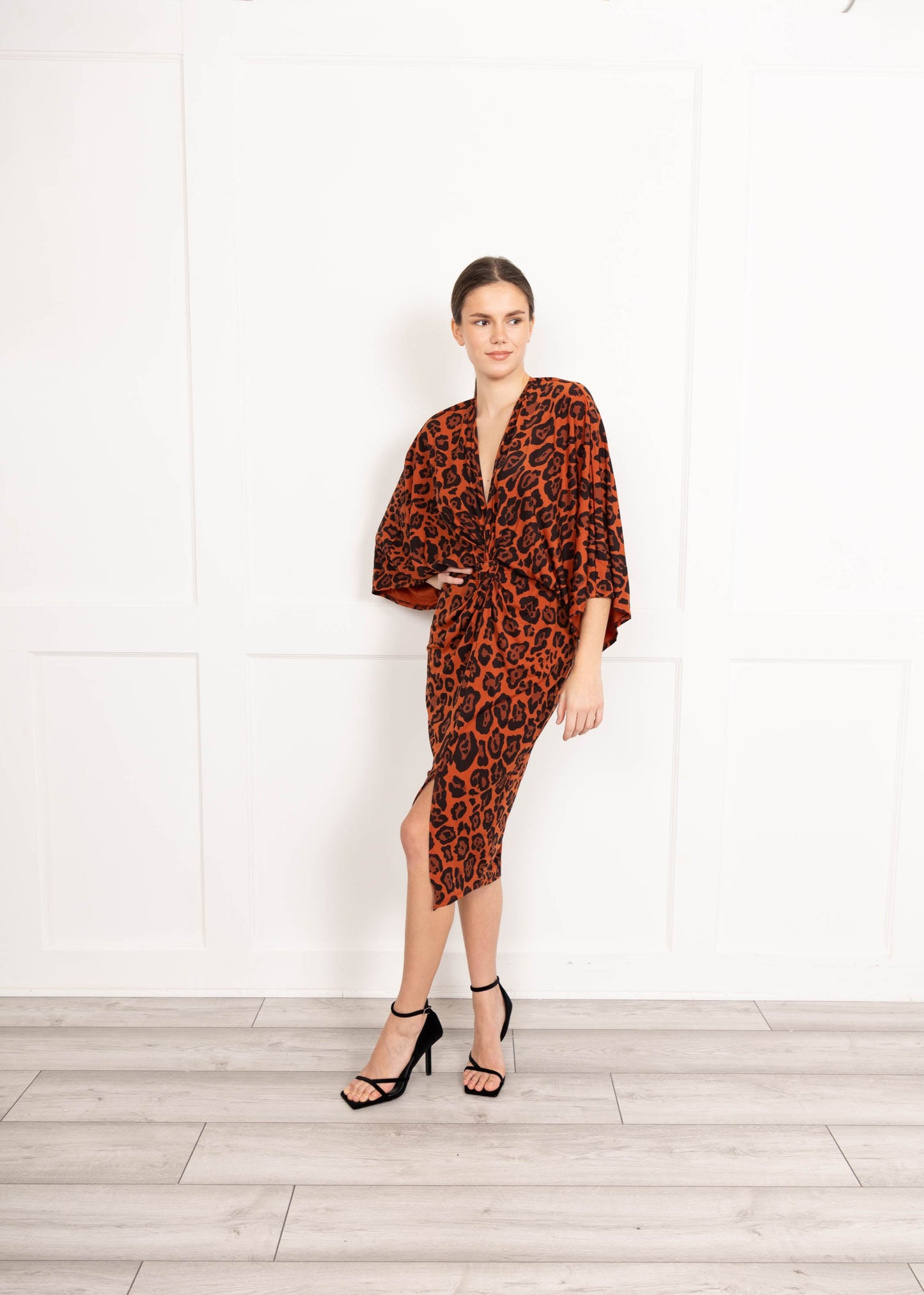 Brown slinky jersey leopard print midi