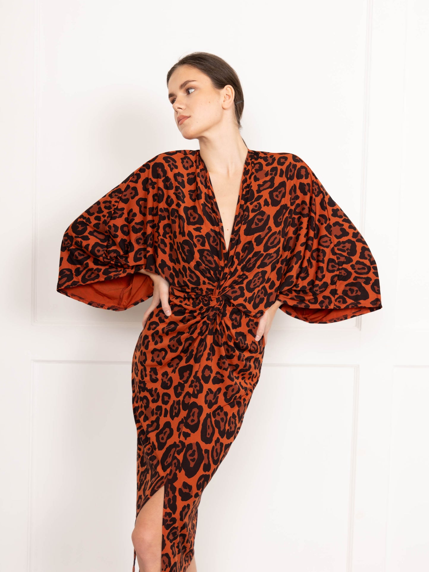 Brown slinky jersey leopard print midi