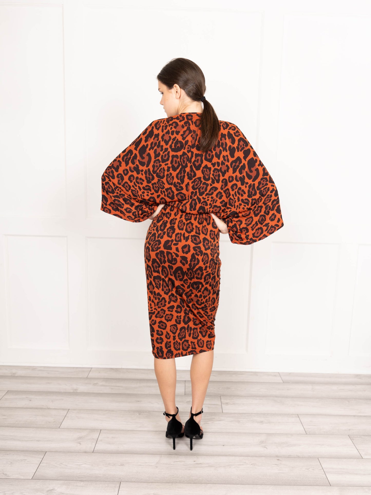 Brown slinky jersey leopard print midi