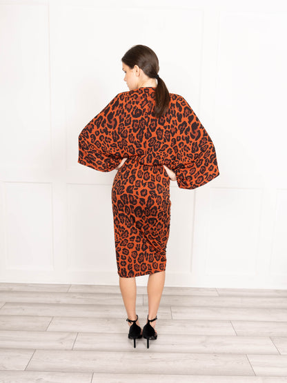 Brown slinky jersey leopard print midi