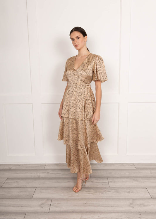 Camel Black Spot Satin Tiered Maxi Dress