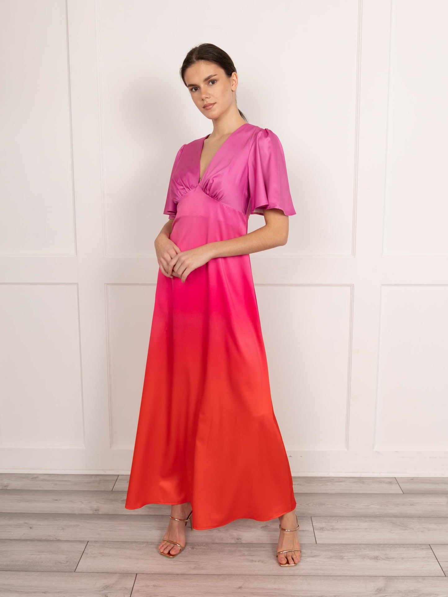 Flounce London Maxi Dress in Ombre Pink and Red
