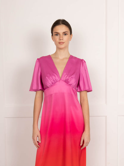 Flounce London Maxi Dress in Ombre Pink and Red