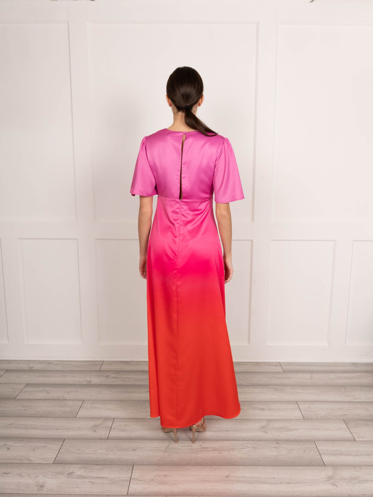 Flounce London Maxi Dress in Ombre Pink and Red