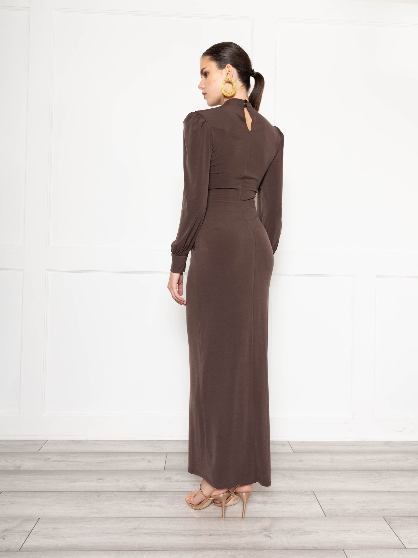 High Neck Maxi Dress With Ruched Detail In Chocolate