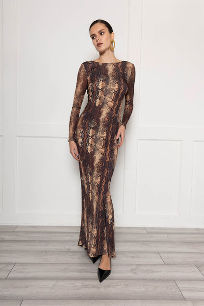 Sheer Sleeve Maxi Dress With Fishtail In Snake Print