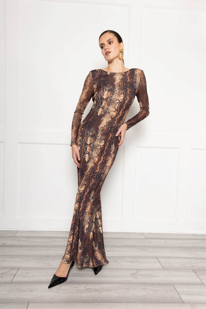 Sheer Sleeve Maxi Dress With Fishtail In Snake Print