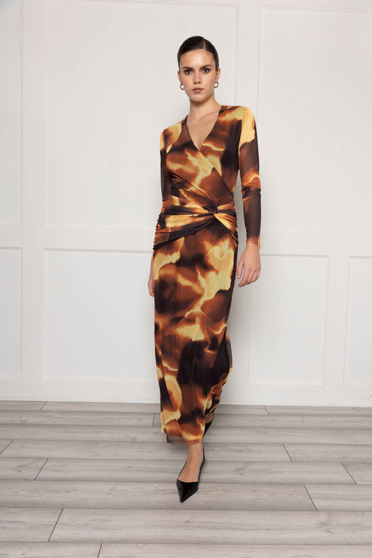 Plunge front mesh maxi dress with twist front in brown print