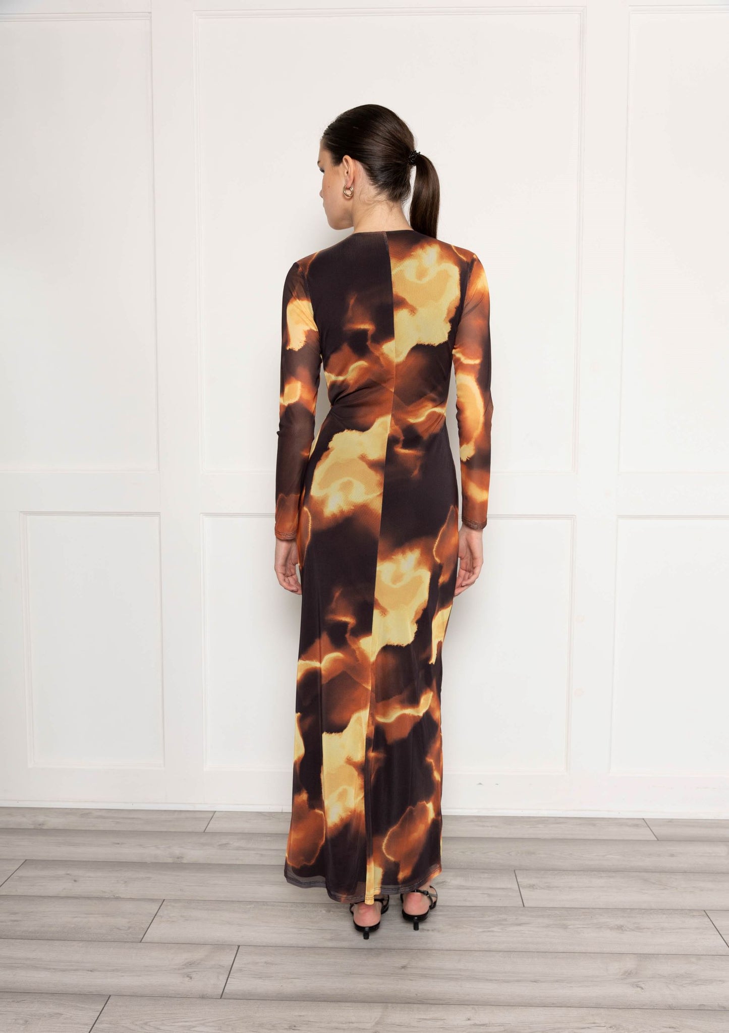 Plunge front mesh maxi dress with twist front in brown print