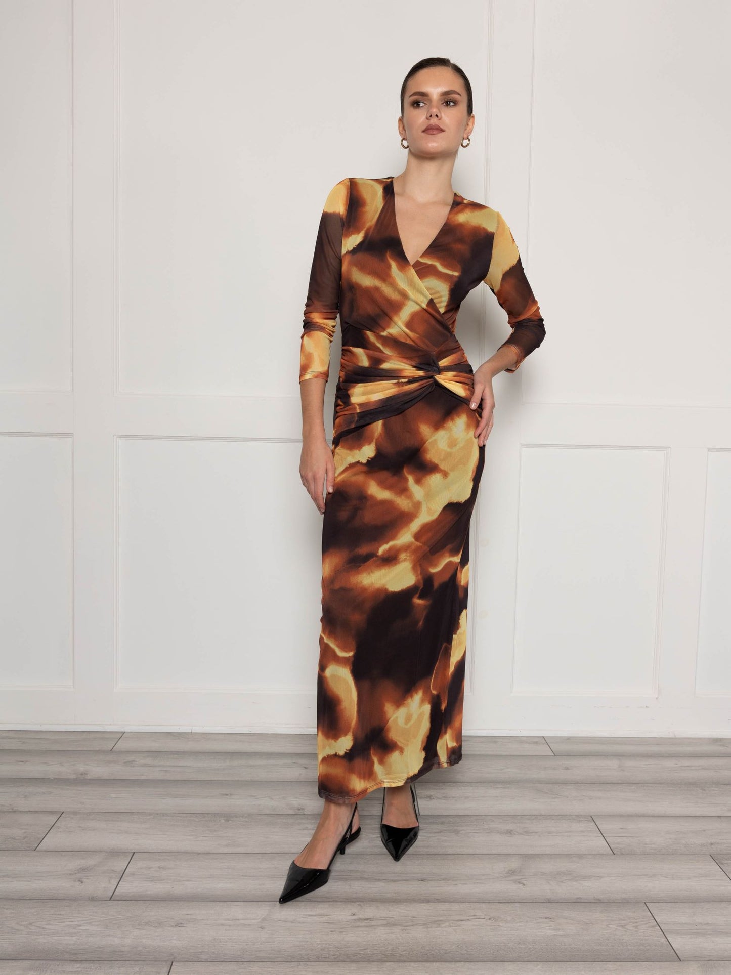 Plunge front mesh maxi dress with twist front in brown print