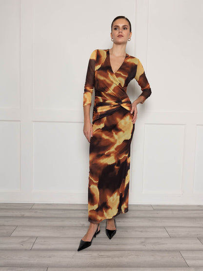 Plunge front mesh maxi dress with twist front in brown print