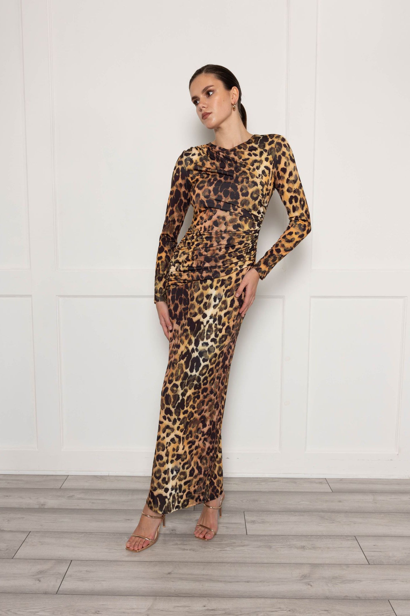 Ruched Midaxi Dress With Drape Detail In Leopard Print