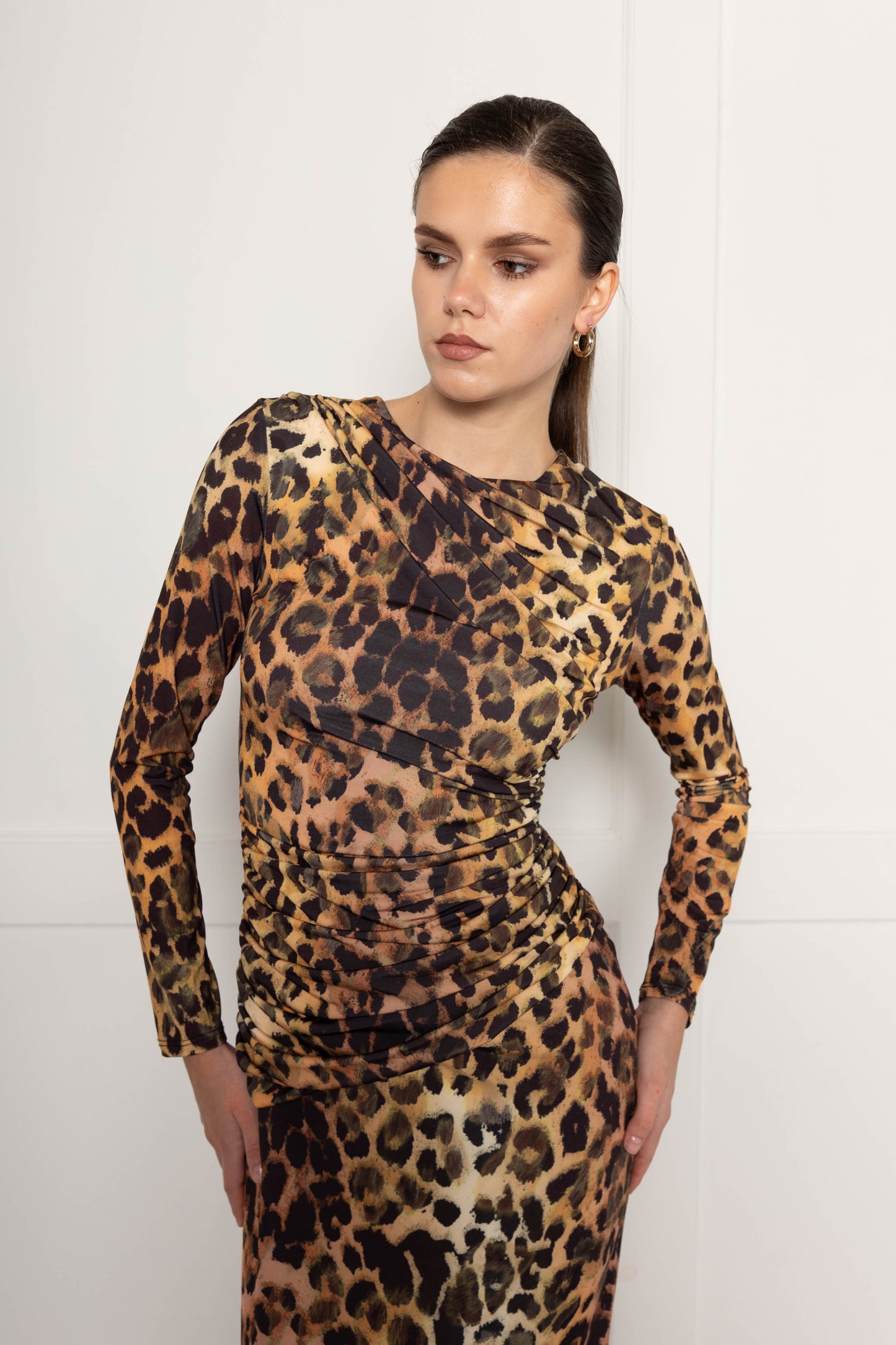 Ruched Midaxi Dress With Drape Detail In Leopard Print