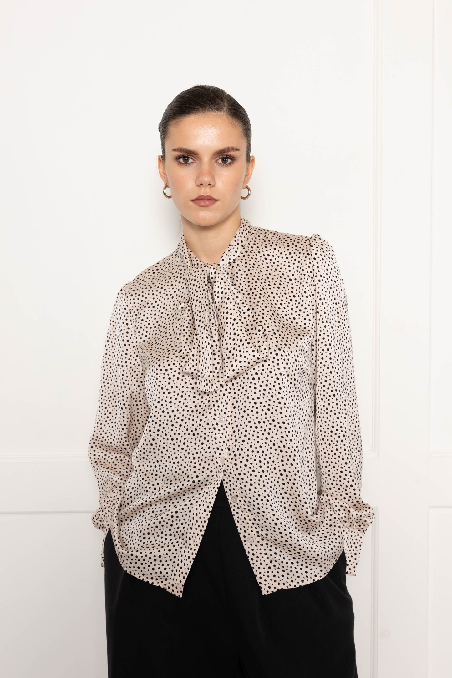 Flounce London Off White Black Spot Satin Tie Neck Blouse