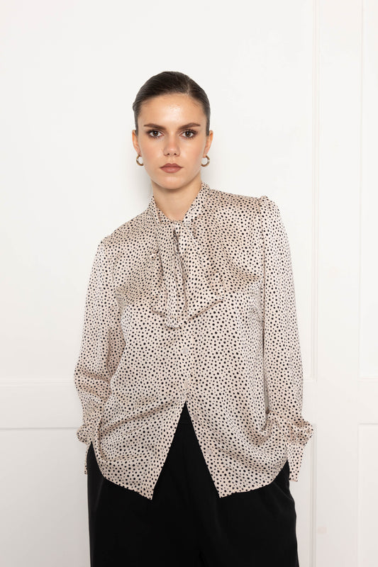 Flounce London Off White Black Spot Satin Tie Neck Blouse