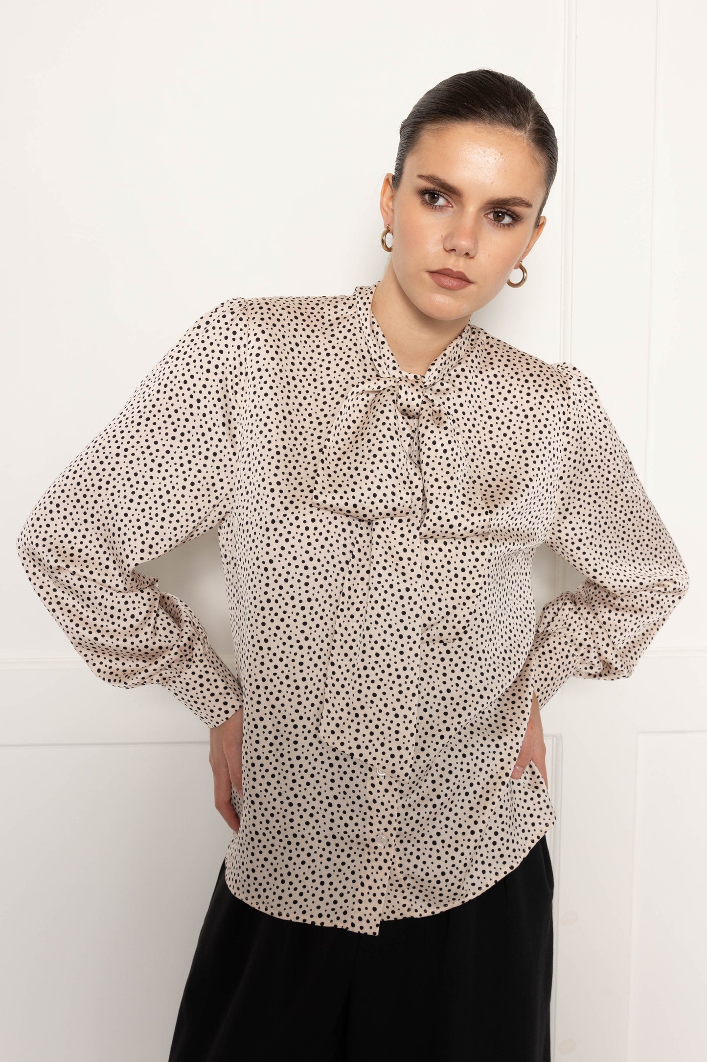 Flounce London Off White Black Spot Satin Tie Neck Blouse
