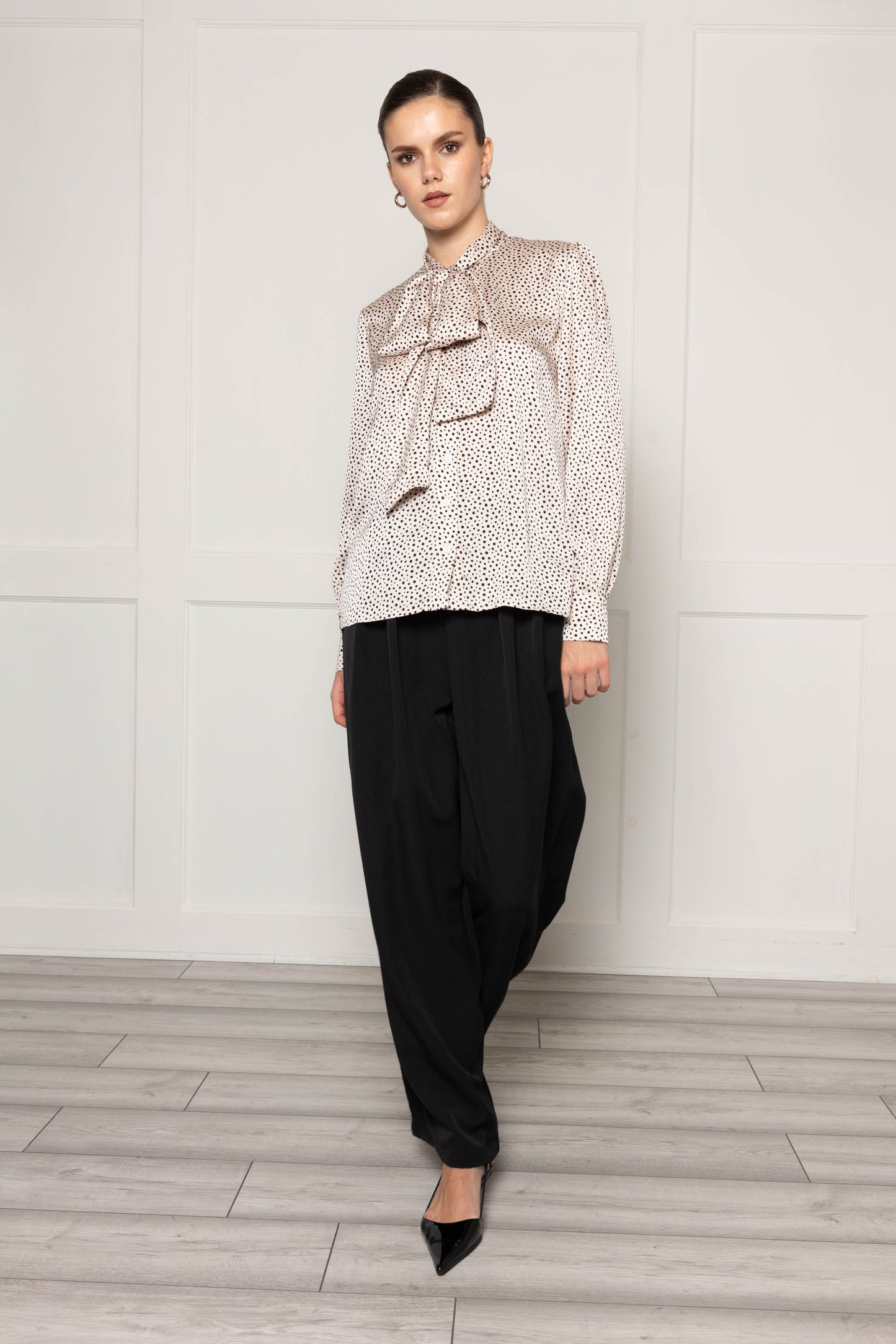 Flounce London Off White Black Spot Satin Tie Neck Blouse