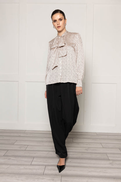 Flounce London Off White Black Spot Satin Tie Neck Blouse