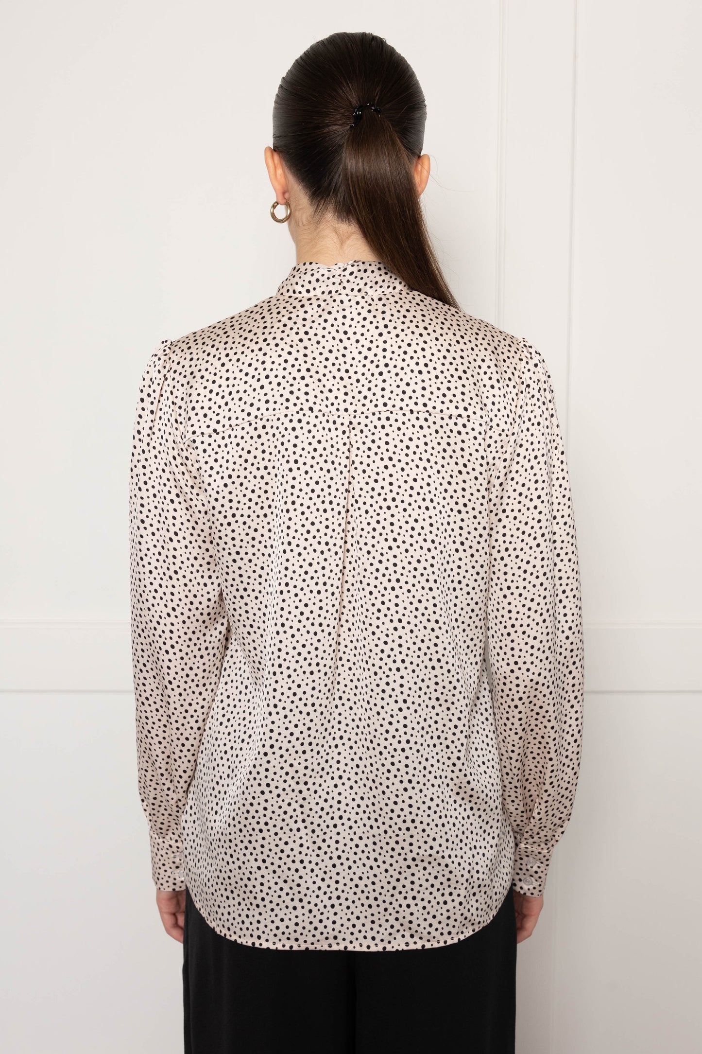 Flounce London Off White Black Spot Satin Tie Neck Blouse