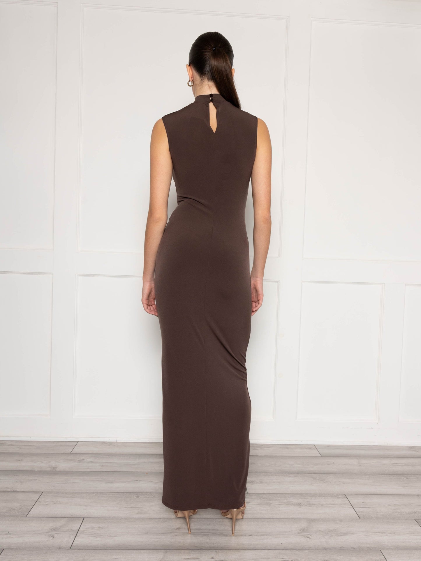 High neck sleeveless maxi dress with ruched detail in chocolate