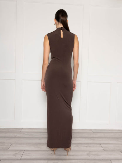 High neck sleeveless maxi dress with ruched detail in chocolate