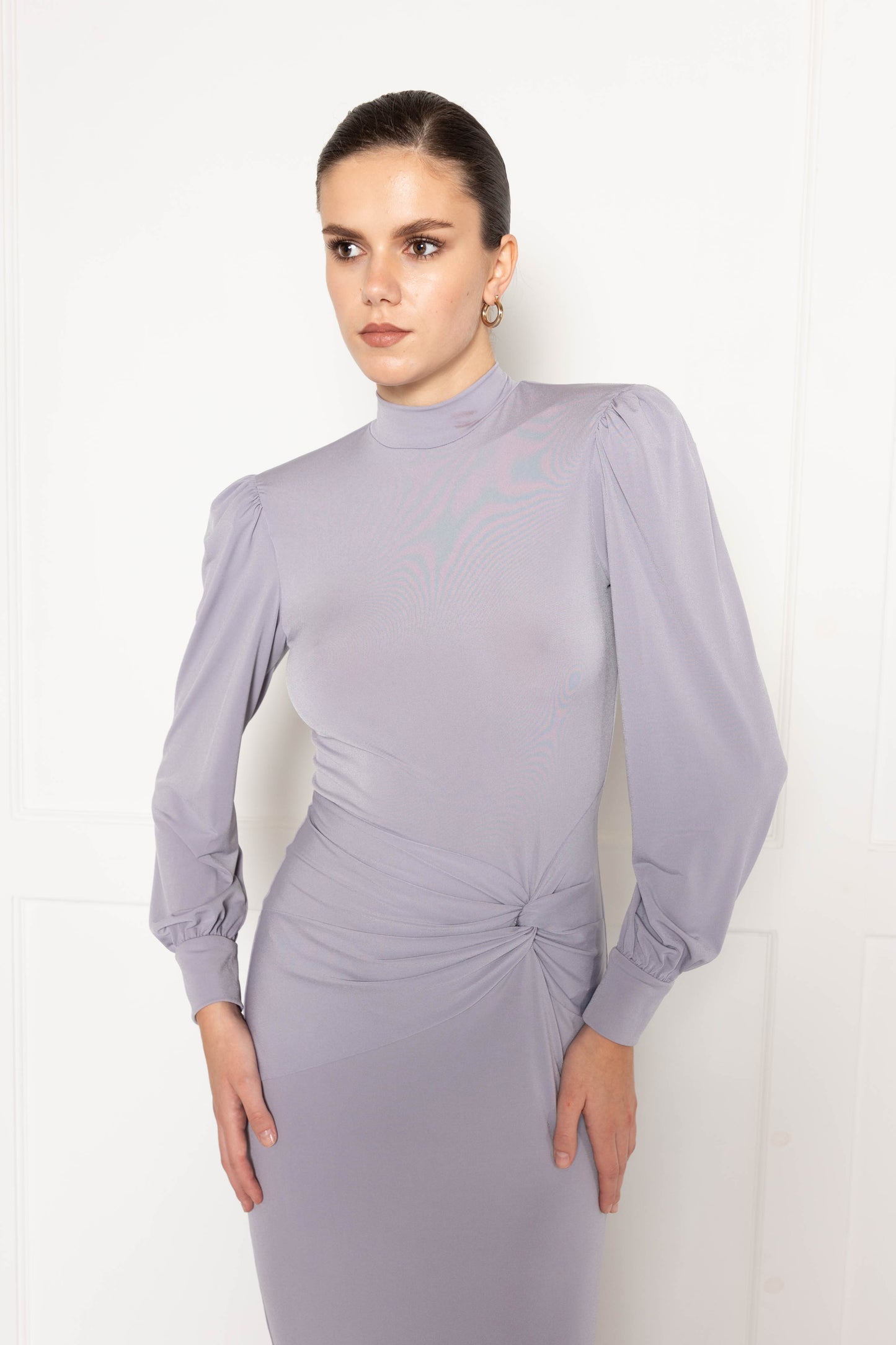 High neck maxi dress with ruched detail in grey