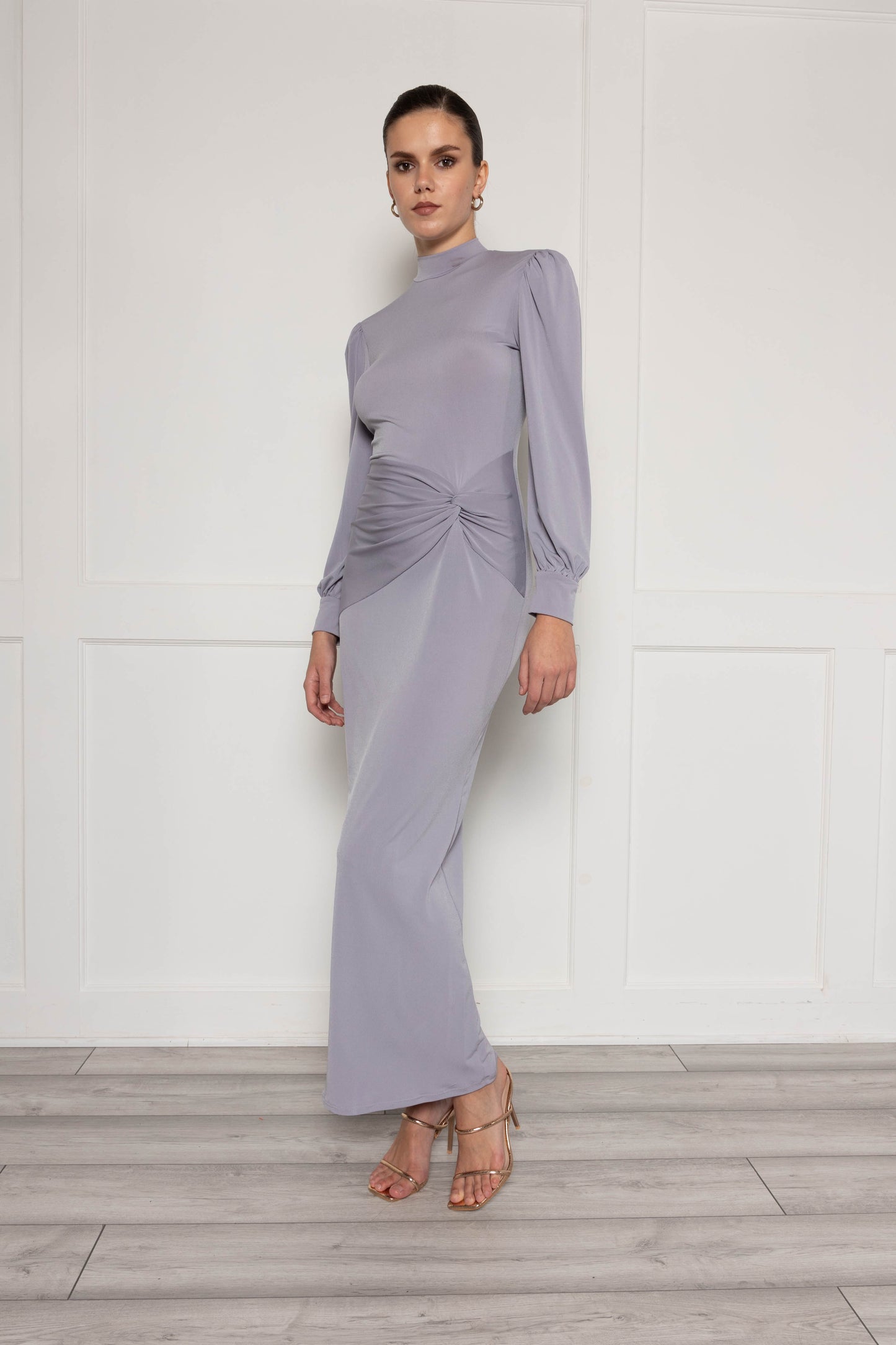 High neck maxi dress with ruched detail in grey