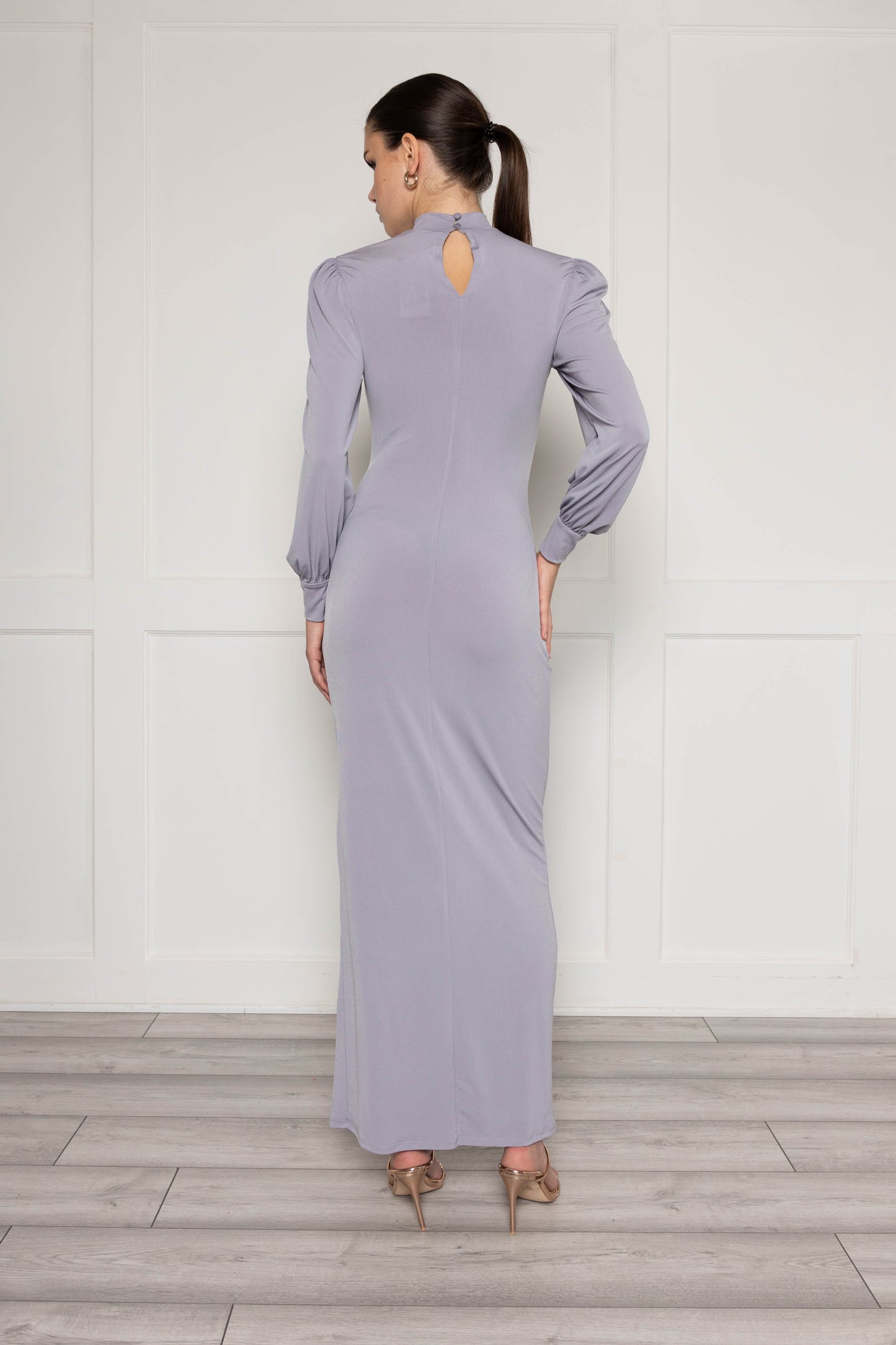 High neck maxi dress with ruched detail in grey