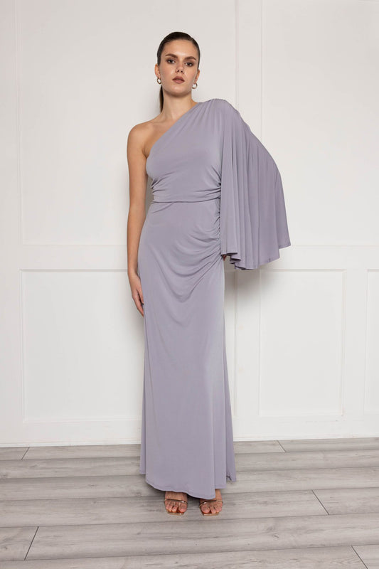 One Shoulder Maxi Dress With Sleeve And Fishtail Skirt In Grey