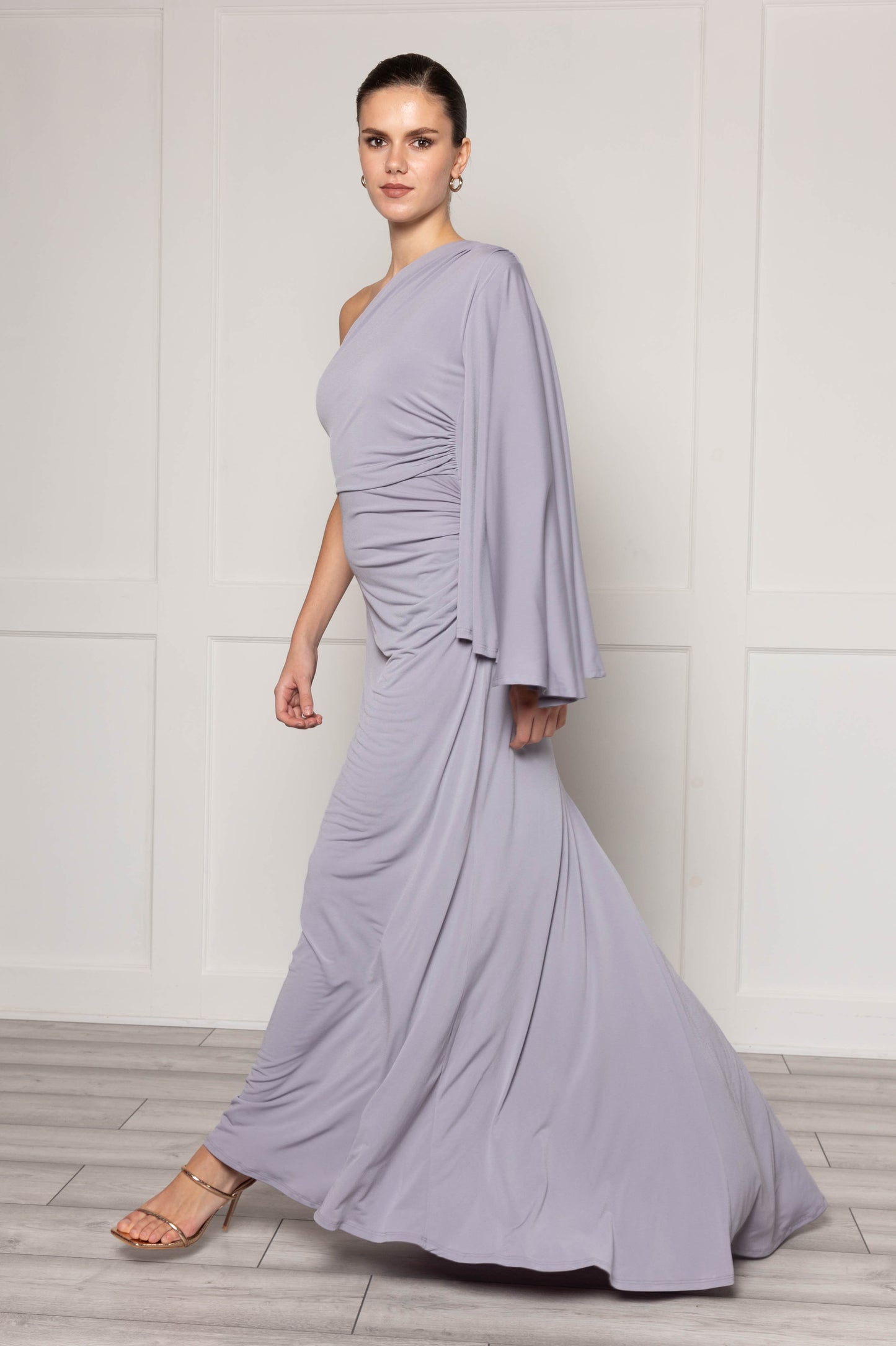 One Shoulder Maxi Dress With Sleeve And Fishtail Skirt In Grey