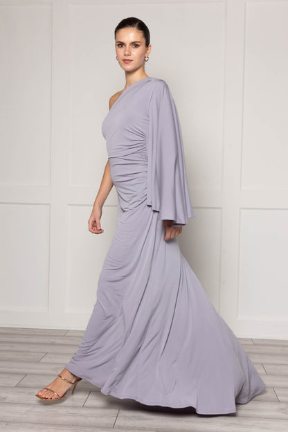 One Shoulder Maxi Dress With Sleeve And Fishtail Skirt In Grey