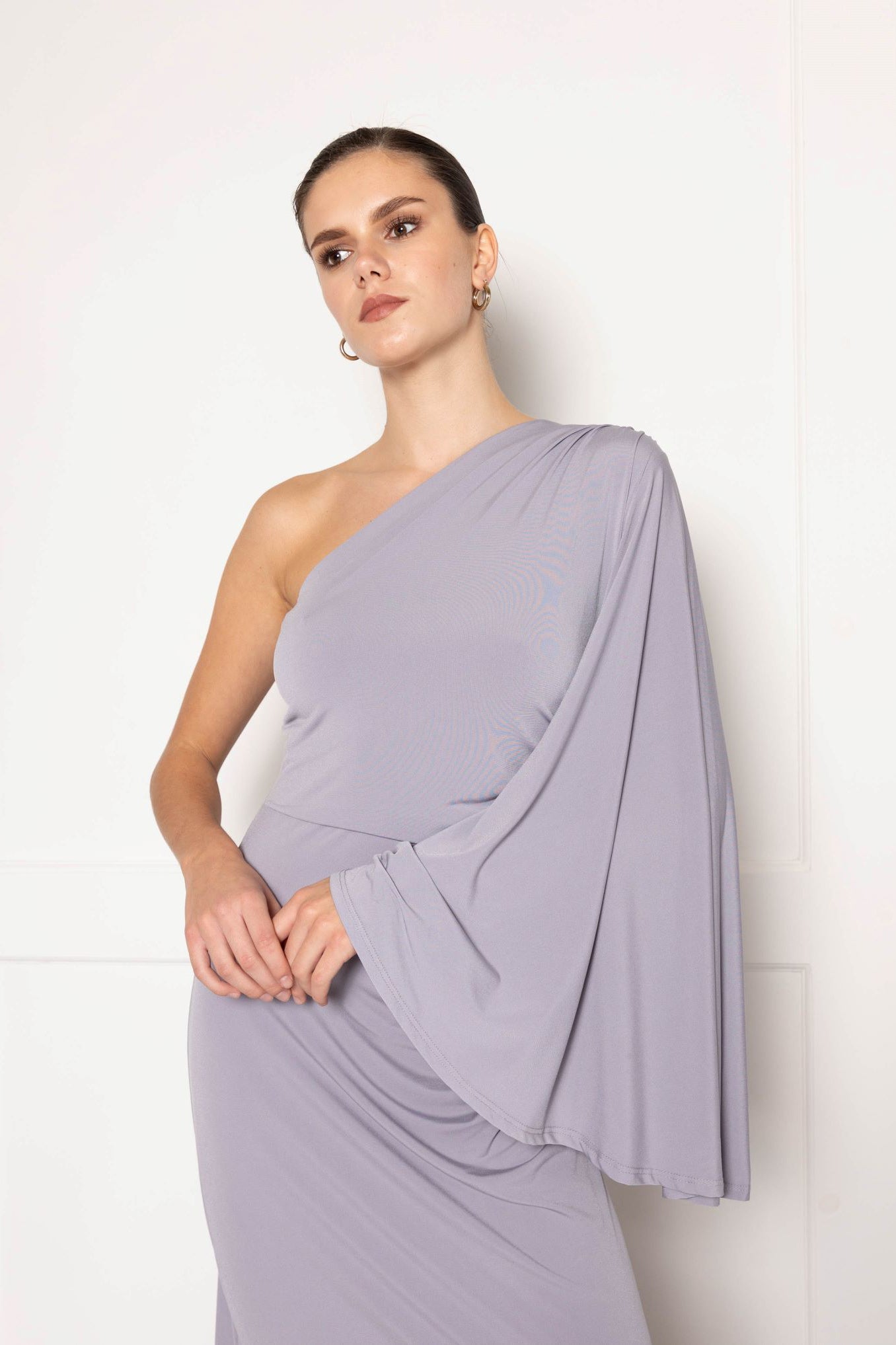 One Shoulder Maxi Dress With Sleeve And Fishtail Skirt In Grey