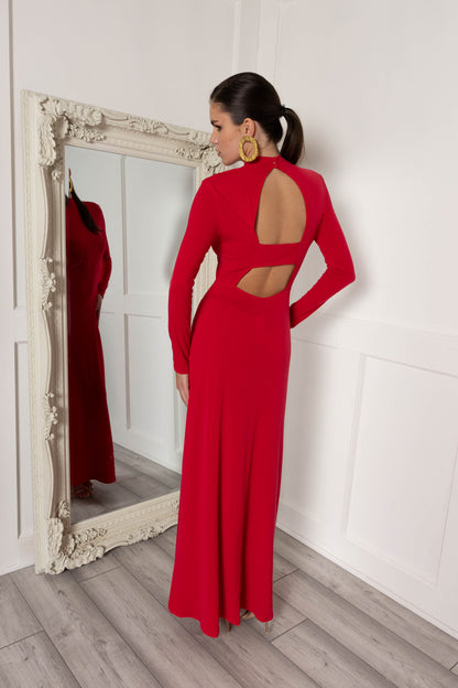 High neck maxi dress with back detail in red