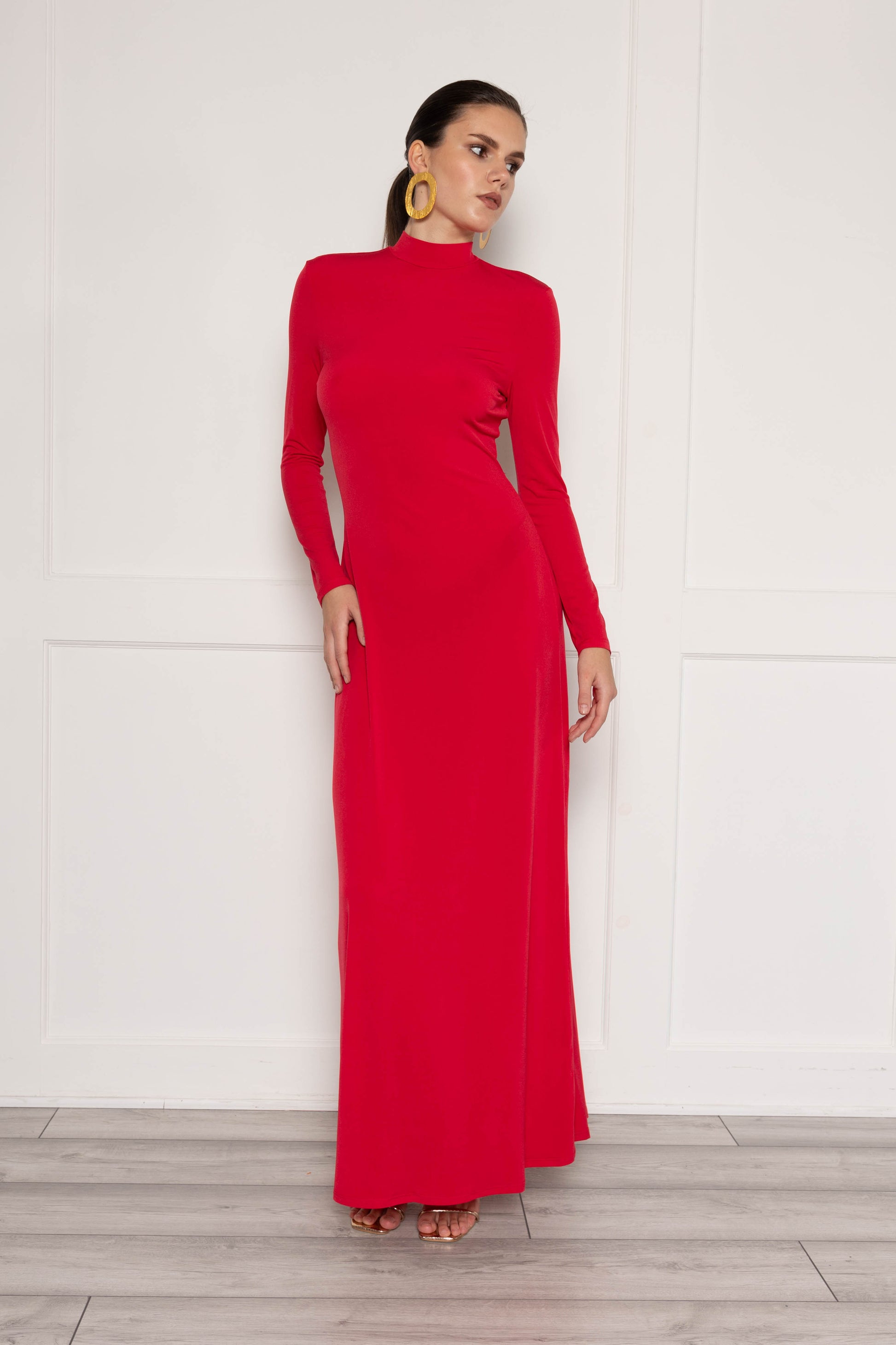 red high neck maxi dress Amaria | RED High-Neck Maxi Dress With Sash-Detail